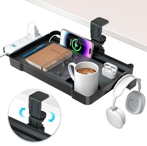 KDD Schublade Unter Schreibtisch - 360° Drehbar Unterbau Schublade mit Getränkehalter Schreibtisch, Headset Halterung, Handy & Tablet Schlitz und Steckdosenhalter für Zuhause Büro Zubehör