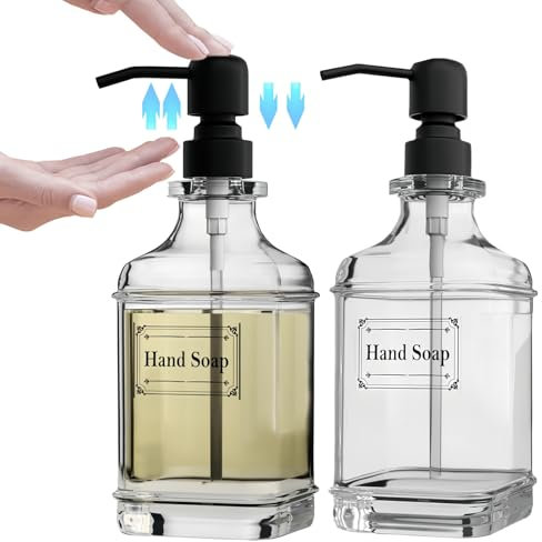 Glass Soap Dispenser Bottle with Pump, bathroom soap set 2 Pack, Refillable Clear Hand Soap Washing up Liquid Glass Soap 18 Oz, for Kitchen, Bathroom