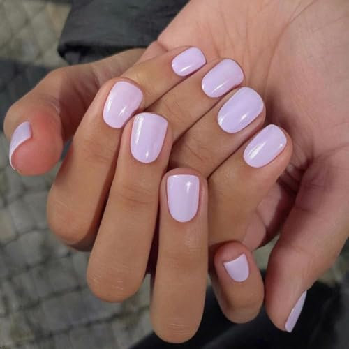 SXVME 48 Pcs Lilac Press on Nails Short Square Acrylic False Nails Short Coffin Natural Fake Nail Set Elegant Solid Color Full Cover Glossy Gel Stick on Nails for Women Daily Wear