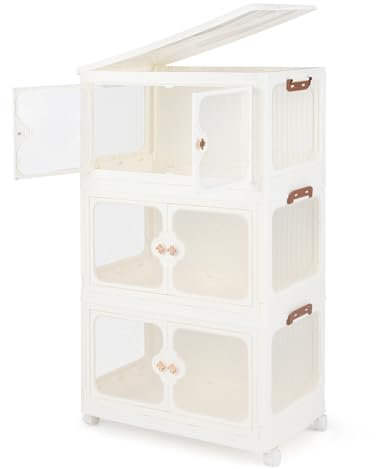 COSTWAY Foldable Shoe Storage Box, 3/4-Tier Stackable Storage Bins with Lid, Transparent Doors & Lockable Wheels, 159L/212L Collapsible Shoe Boxes Cabinet Closet Organizer Containers (3-Tier, 159L)