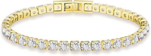 KRKC White Gold Cubic Zirconia Tennis Bracelets for Women Men, Ladies Silver CZ Diamond Bracelets, 2 3 4mm, 6.5-7.5 Inch, Jewellery Gift for Mum Daughter Wife Girlfriend Birthday (3mm-14K Gold, 6.5in)