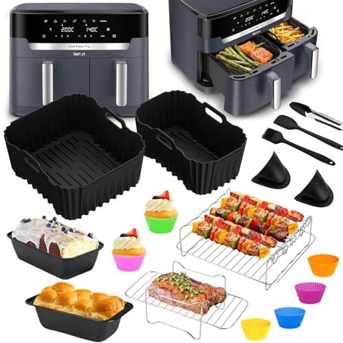 Accessori Friggitrice ad Aria per Moulinex XXL Dual Easy Fry 11 Litri - 17 Pezzi Moulinex EZ942B Accessori Friggitrice ad Aria - Riutilizzabile Teglia Silicone & Griglia, Stampi Pane, Stampi Torte