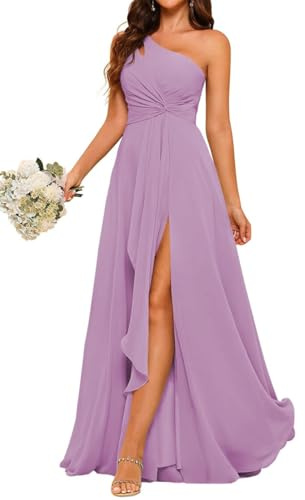 Una spalla abiti da damigella d'onore per matrimonio chiffon pieghettato formale sera partito maxi abito con fessura AH116, Viola polvere., 38