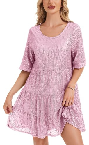 Kyzoeyou Kurzarm Glitzer Sommerkleid Damen mit Pailletten Midi Kleider Leicht Kleid Casual Tunika Plissee Swing Freizeitkleid