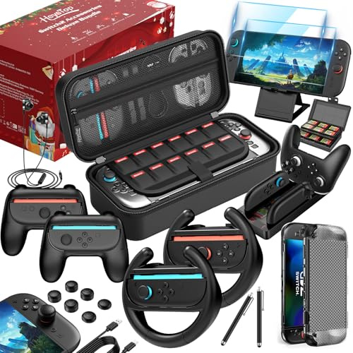 HEYSTOP Set di Accessori 25 in 1 per Nintendo Switch 2 Include una Custodia Rigida Migliorata, Cover Rimovibile per la Console Dock, Pellicola Protettiva, Volante da Corsa per Joy-Con 2 e Molto Altro