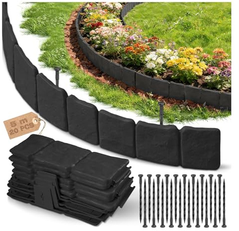 Rasenkante Kunststoff, Beeteinfassung Beetumrandung Kunststoff, Beetbegrenzung, Blumenbeet Umrandung, Mähkante, Gartenzaun, Flexible Rasenkanten, Verdickt Kleiner Zaun, Steinoptik - 5 m (Höhe:10 cm)