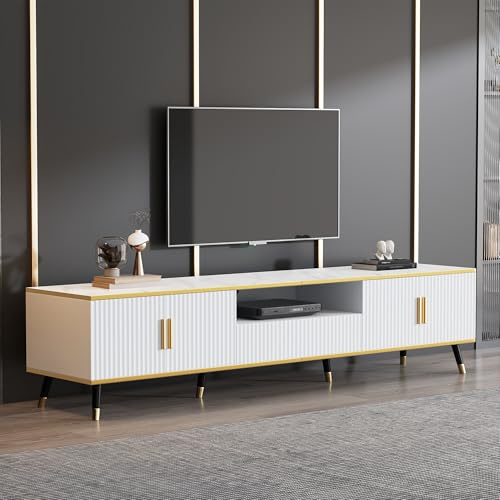 LULUWA - 90 inch Modern TV Stand, 4-Door Storage Cabinet with Marble Texture, White Entertainment Center for Living Room Bedroom, 200cm Wide