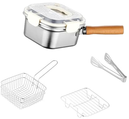 Bvdfgk Mini Friteuse, Casserole Carrée pour La Cuisson, Poêle à Frire de Camping avec Panier, Friteuse En Acier Inoxydable pour Bouillon, Fish And Chips, Couvercle Blanc