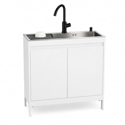 Lavandino con Mobiletto per Cucina Secondaria, Mobile Lavatoio Autoportante in Acciaio Inox, Lavello Monovasca con Rubinetto Nero Moderno, Armadietto Salvaspazio da Interno ed Esterno