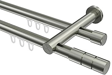 INTERDECO Innenlauf-Gardinenstange 20 mm 2-läufig, moderne Innenlaufstange aus Metall, Edelstahl-Optik, zur Wandmontage, Typ 10213812, 280 cm