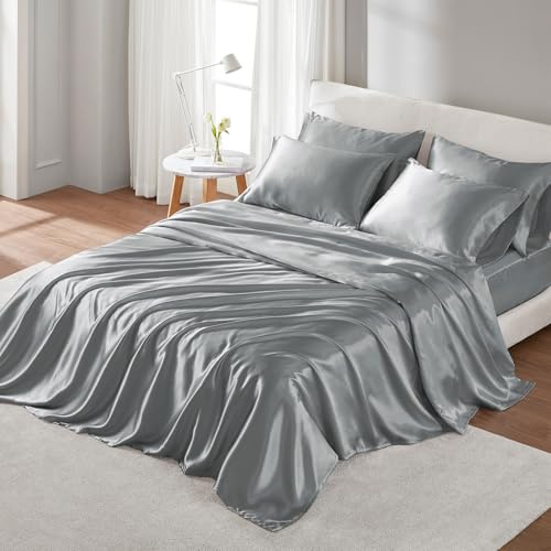 Madison Park Essentials Satin Sheets Cal King Size Bed Set, 6 Piece, Grey