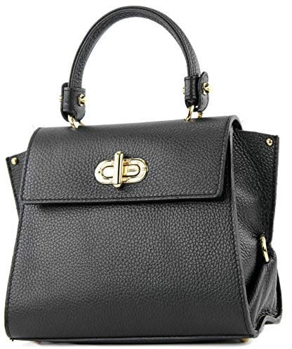 modamoda de - T182 - ital. Damen Henkeltasche Klein Leder, Farbe:Schwarz