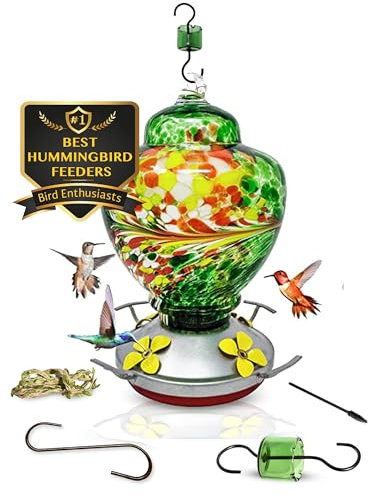 Futterspender für Kolibri, aus Glas, zum Aufhängen im Freien, mundgeblasenes Glas, Kolibri, mit Sitzstange und Gräber Auslaufsicher & wetterfest, mit Hanfseil, Haken & Reinigungsbürste (Smaragdgrün)