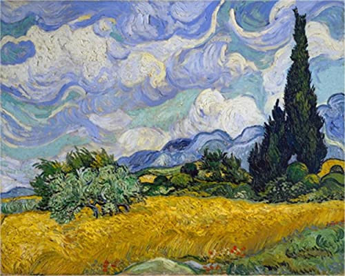 YEESAM ART DIY Ölgemälde Malen nach Zahlen Erwachsene Kinder, Weizenfeld mit Zypresse von Van Gogh Zahlenmalerei ab 5 Öl Wandkunst (Weizenfeld, mit Rahmen)