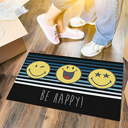 LILENO HOME Fussmatte 40x60 cm Be Happy - Schmutzfangmatte für innen u. außen - Lustige Fußmatte Schwarz/Gelb - Waschbare u. rutschfeste Fussabtreter Türmatte als Türvorleger dünn