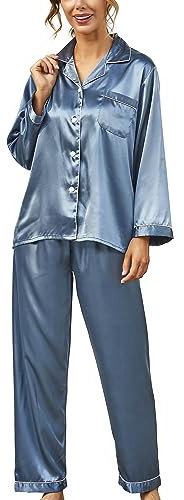 GAESHOW Pigiama Donna Estivo, Pigiama Donna Estivo in Raso con Bottoni, Pigiami Due Pezzi a Maniche Lunghe e Pantaloni Lunghi Morbido Comodo Set Pigiama S-XXL