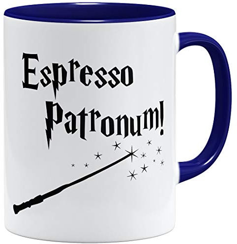 OM3® Espresso Patronum Statement Tasse mit Zauberspruch Zauberstab - Keramik Becher - 11oz 325ml - Beidseitig Bedruckt - Dunkelblau
