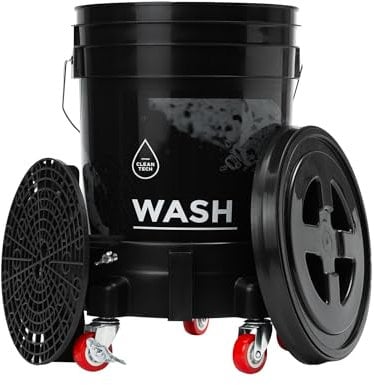 CLEANTECH CO Set - Wascheimer 20L schwarz mit Schmutzsieb, Deckel und Eimerwagen - für professionelle Auto Handwäsche