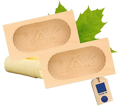 2X HOFMEISTER® Butterform, für 250 g Butter, 19 cm, 2 Vögel, handgeschnitzt in Deutschland, Butter-Form zum Dekorieren, eckige Sturz-Form, Butter-Model aus heimischem Ahorn-Holz