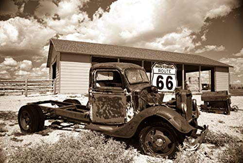 Papier Peint Photo INTISSÉ-ROUTE 66-350x260 cm-(925AE)-Vieille Ville Voiture Vintage Voitures Moto Noir Blanc Colle Inclus Mural Décor Motif Poster Géant Stickers Muraux Optique Moderne Fond Effet
