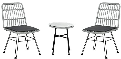 Outsunny Set di Tavolo e Sedie da Giardino da 3 Pezzi in Rattan PE e Acciaio, Set Bistrò da Giardino con Tavolino da Caffè con Piano in Vetro e 2 Sedie, per Balcone Patio Cortile Esterno, Grigio