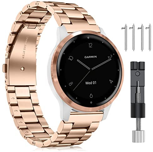 FINTIE Bracelet Compatible avec Garmin Vivoactive 4S/Venu 2S/Vivomove 3S - 18mm Bracelet Montre de Remplacement en Acier Inoxydable, Or Rose