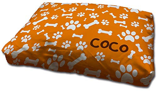 LolaPix Hundebett. Hundekörbchen. Personalisiert mit Name/Foto. Bett für große/Mittlere/Kleine Hunde. Waschbare Hundematratze und Abnehmbarer Bezug. HUELLAS NARANJAS