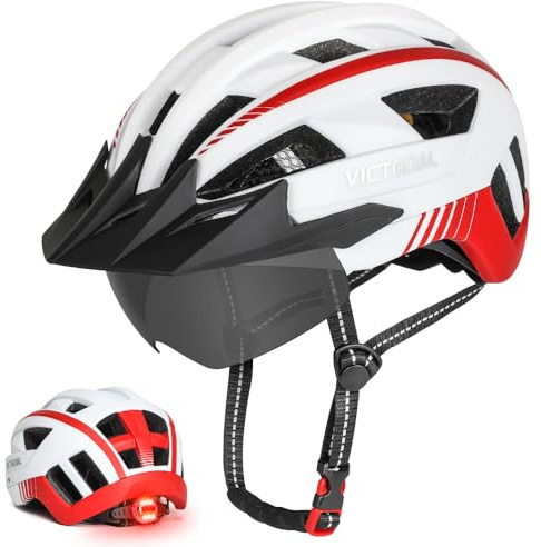 VICTGOAL Bike Helmet MTB Helmet with Removable Magnetic Goggles Detachable Sun Visor and LED Rear Light Road Bike Helmet for Adult Men Women Safety Helmet (White, M: 54-58 cm)