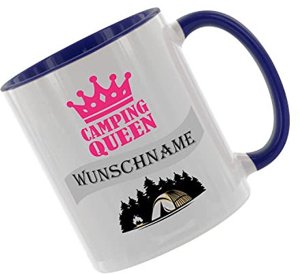 Crealuxe Kaffeetasse - Camping - Queen (Wunschname) -Spruchtasse, Bürotasse, bedruckte Keramiktasse, Tasse mit Spruch, Hochwertige Kaffeetasse (Blau)