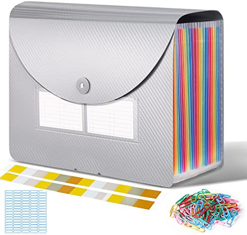 Dokumentenmappe A4 mit Deckel, Fächermappe Regenbogen Ordner Akkordeon Aktenordner mit Etiketten, Ordnungsmappe mit 24 Fächern (Silber)
