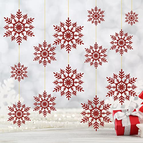 24 Stück Schneeflocken Weihnachten Deko,Weihnachtsbaumschmuck Weihnachten Glitzer Schneeflocken Anhänger Hänge Ornamente für Weihnachtsbaum Weihnachten Deko(Rot)