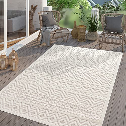 TT Home In-& Outdoor Teppich Wetterfest Balkon Küche Wohnzimmer Boho Skandi Design, Farbe:Creme, Größe:160 cm Rund