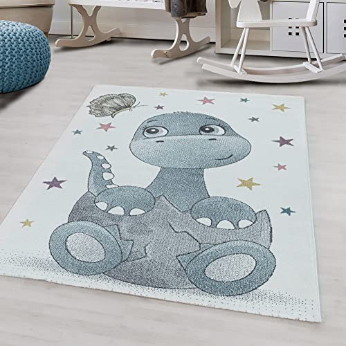 Morhane Funny Dino Baby kinderzimmer Teppich kurzflor rechteckig 140x200cm blau
