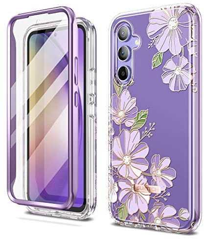SURITCH Kompatibel mit Samsung Galaxy A54 5G Hülle Blumenmuster Handyhülle mit Integriertem Displayschutz 360 Grad Komplettschutz Schutzhülle für Samsung Galaxy A54 5G 6.4 Zoll(Lila Kosmos)