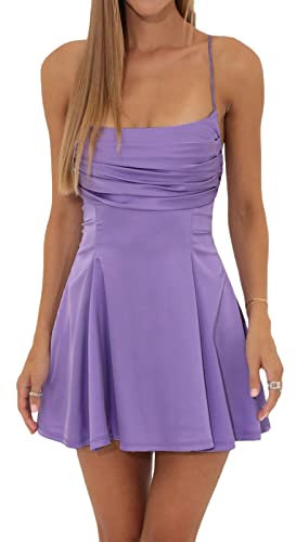 Dazzerake Abiti Sexy Donna in Raso Taglio Basso Mini Abito Elegante Cinghie di Spaghetti Senza Maniche Breve Slip Vestito Corto Cerimonia Abito Midi da Sera (B Viola, Small)