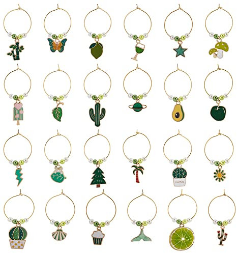 BENECREAT 24-Stil Weinglas-Anhänger Im Sommer-Stil, Grüne Kelch-Getränkemarkierer Etiketten Glas-Identifikatoren Weinzubehör Für Cocktail-Champagner-Verkostung, Gastgeschenke