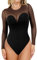 Popilush Shapewear Bodysuit for Women Tummy Control Long Sleeve Thong Bodysuit With Built In Bra Crew Neck Mesh Shapewear Top