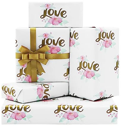 Hochzeits-Geschenkpapier, hochwertiges weißes Love-Geschenkpapier mit goldenem Band, flach gefaltet, 4 Blatt 50 x 70 cm pro Blatt für Hochzeiten, Brautpartys, Verlobungen, Valentinstag, Jahrestag