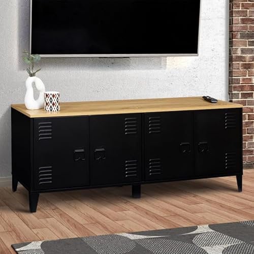 IDMarket - Buffet Bas 140 cm Ester 4 Portes métal Noir et Plateau Bois Design Industriel