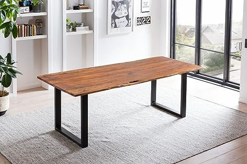 Bett11 SAM B-Ware Esszimmertisch 200x100 cm Becky, Baumkantentisch aus Akazienholz, massiv + nougatfarben, U-Metallgestell Schwarz, Esstisch mit echter Baumkante