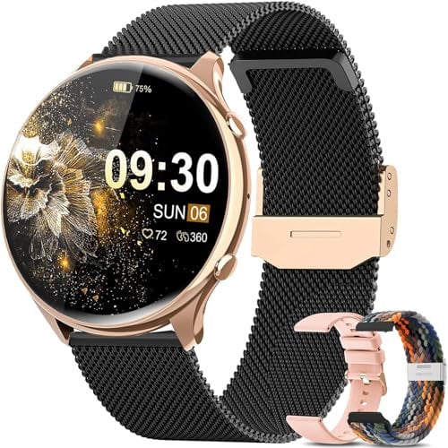 elfofle Montre Connectée Femme avec Appel Bluetooth, écran Tactile TFT HD 1,39, IP67, étanche avec 120 Sports, Fréquence Cardiaque, Cycle Menstruel,Podomètre pour Android iOS (Or Noir)