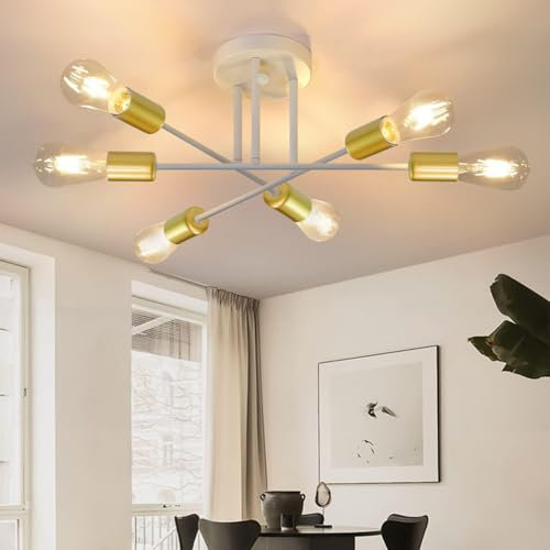 niuniaj 6 Flammig Deckenleuchte Vintage,Sputnik Kronleuchter,Deckenlampe Industrial,E27 Chandelier Weiß,Deckenlampe für Wohnzimmer Esszimmer Flur Restaurant Schlafzimmer (ohne Leuchtmittel)
