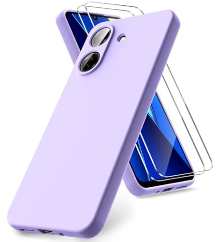 Vansdon Funda Compatible con Xiaomi Poco C65 / Redmi 13C, 2 Unidades Protector Pantalla Cristal Templado, Silicona Líquida Gel Ultra Suave Funda- Morado Claro