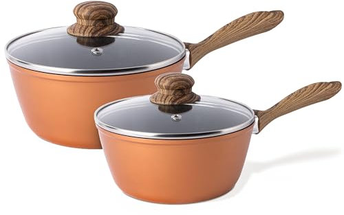 Set di Pentole per Induzione con Coperchio – Antiaderente – Set di 2 Pentole per Salse in Rame – 16 cm, 18 cm - Nuovva