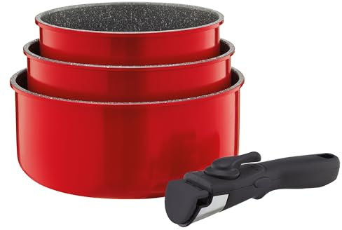 AMBITION Jasper 22204 Lot de 3 casseroles en aluminium avec poignée amovible pour tous les types de cuisinières, fours et lave-vaisselle Rouge moucheté