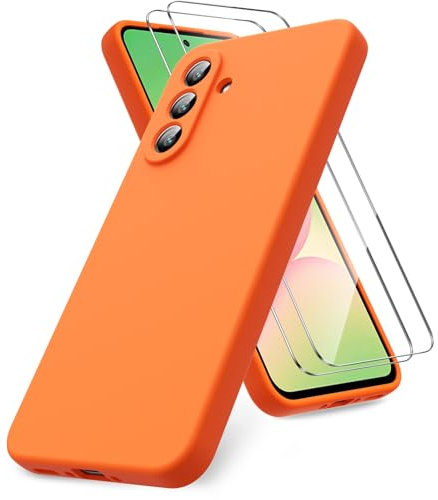 Vansdon Coque Compatible avec Samsung Galaxy A56 5G, 2 Film de Protection en Verre trempé, Housse Souple en TPU en Silicone Liquide, Housse en Caoutchouc Antichoc - Orange