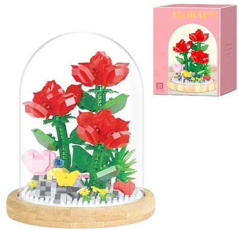 Rose Blumen Bausteine Set, 684pcs DIY künstliche Blumen mit Staubdichter Kuppel, Blumenstrauß Bauspielzeugsets für Erwachsene und 14+ Jahre Geeignet, Geschenk für Valentinstag Muttertag Home Deko