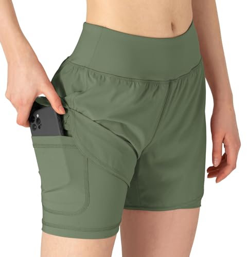YSENTO Damen Kurze Sporthose 2 in 1 Sportshorts Laufshorts Trainingsshorts Joggingshorts Sommer Atmungsaktiv Gym Shorts(Grün,XL)