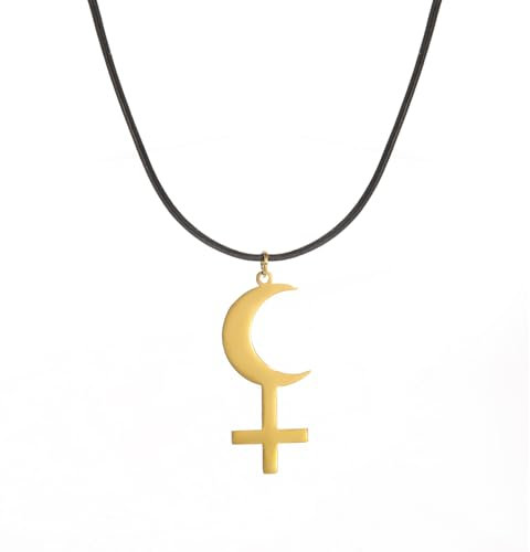 EUEAVAN Collana con simbolo della dea della luna nera per donne gotica Lilith dea sigillo astrologia mezzaluna croce ciondolo Pagan gioielli wiccan regali Lucifero simbolo uomo, Acciaio inossidabile