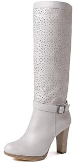 QUEEN HELENA Stivali Alti Traforati con Tacco con Zip Laterale Casual Donna X30-111 (Beige, Sistema Taglie Calzature EU, Adulto, Donna, Numero, Media, 40)